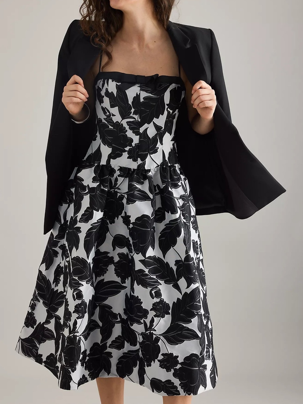 Anthropologie maeve black & white floral jacquard drop waist full cocktail dress - Picture 9 of 12